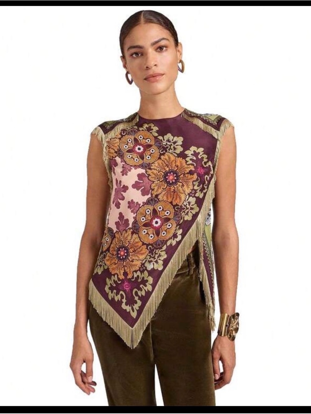 SHEIN Plum Floral Fringe Tank with Olive Trim